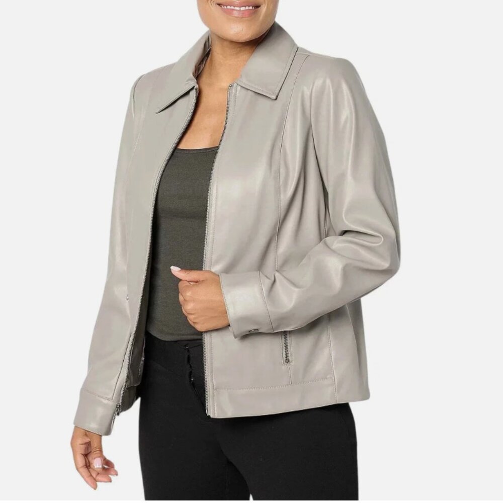 Denim & Co. XL Faux Leather Zip Front Jacket w/ Pockets in Grey QVC